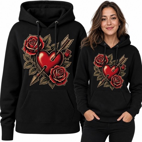 Bluza damska z kapturem z sercem przebitym strzałą i różami - romantyczny motyw tattoo
