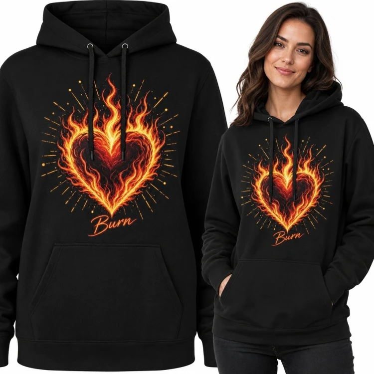Bluza damska z kapturem z płonącym sercem „Burn” - rockowy wzór
