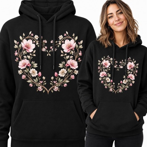 Bluza damska z kapturem - kwiatowe serce w różowo-kremowych barwach