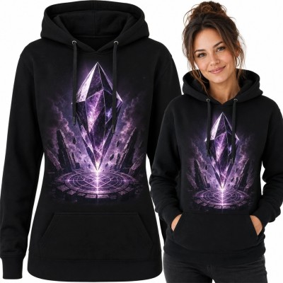 Bluza damska z kapturem - lewitujący fioletowy kryształ i magiczny krąg