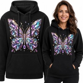 Bluza damska z kapturem z biżuteryjnym motylem - fioletowo-turkusowy glamour