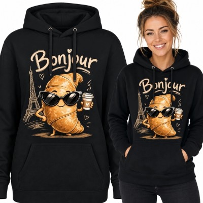 Bluza damska z kapturem „Bonjour” - croissant z kawą i wieżą Eiffla