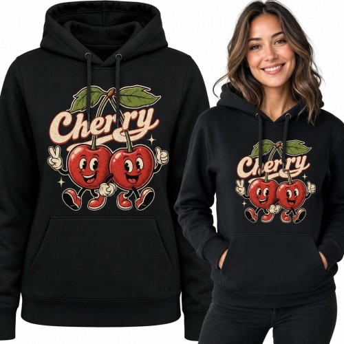 Bluza damska z kapturem z wiśniami retro „Cherry” - owocowy nadruk