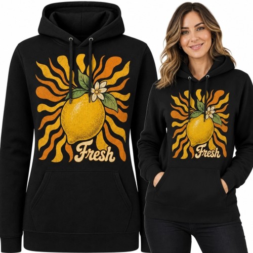 Bluza damska z kapturem z cytryną i napisem „Fresh” - retro botaniczny wzór