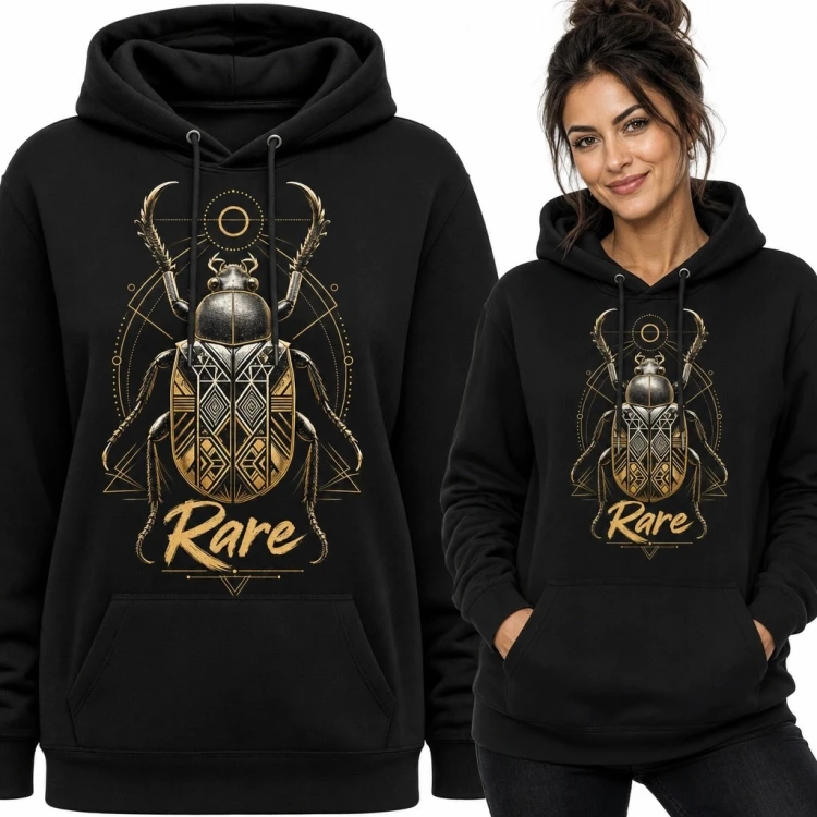 Bluza damska z kapturem ze skarabeuszem i napisem „Rare” - mistyczny ornament