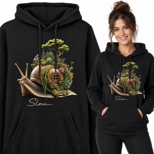 Bluza damska z kapturem ze ślimakiem, leśnym domkiem i napisem „Slow”