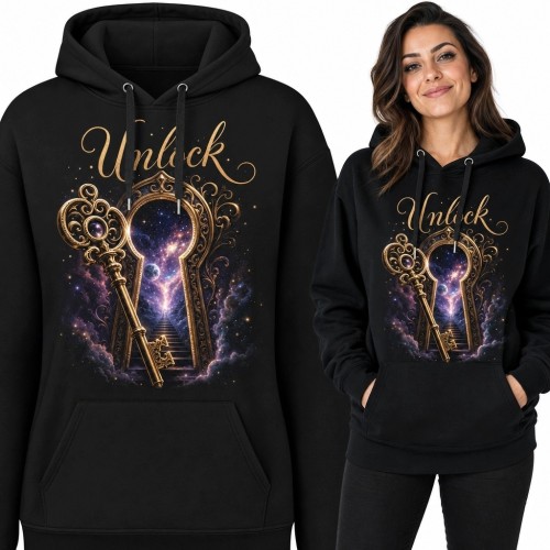 Bluza damska z kapturem „Unlock” - złoty klucz i kosmiczny portal
