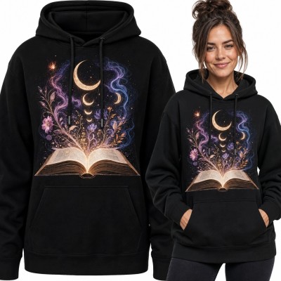 Bluza damska z kapturem - magiczna księga, kwiaty i fazy Księżyca