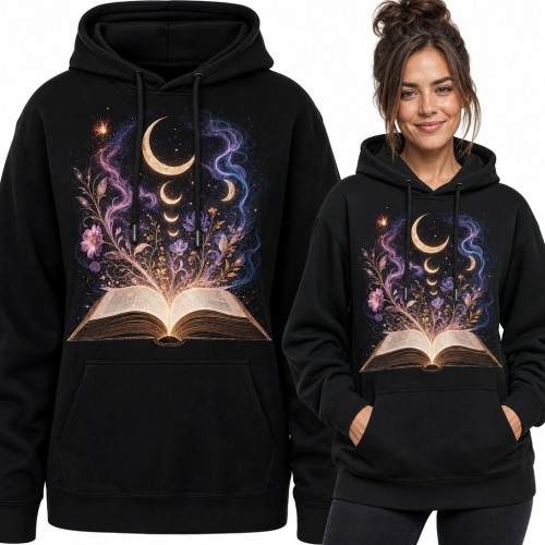 Bluza damska z kapturem - magiczna księga, kwiaty i fazy Księżyca