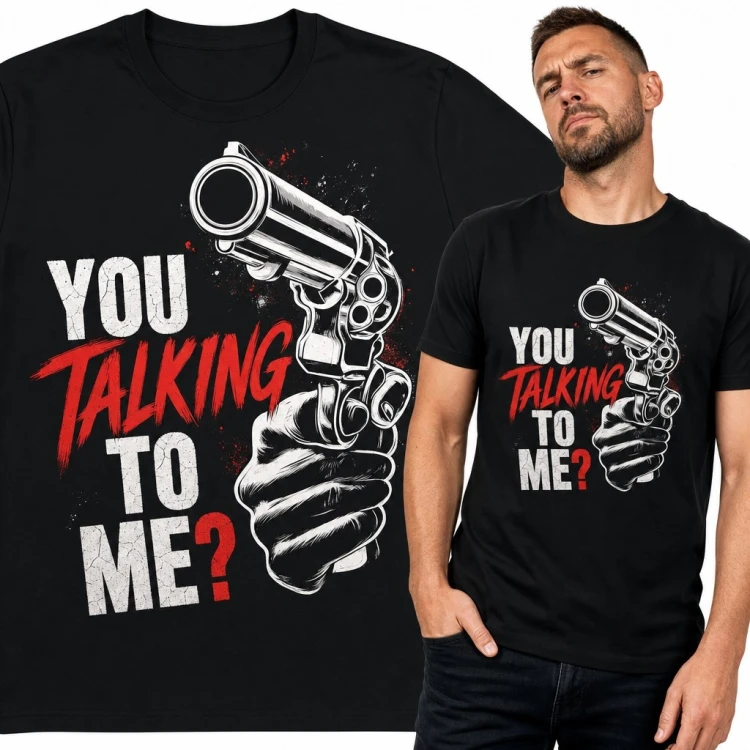 Koszulka męska z rewolwerem „You Talking to Me?” - streetwearowy wzór grunge