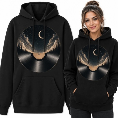 Bluza damska z kapturem - winyl, nocny las i sierp księżyca