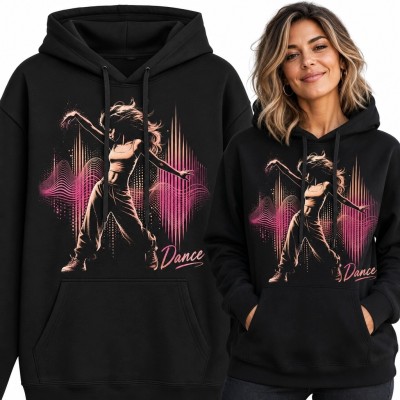 Bluza damska z kapturem „Dance” z tancerką i różowym equalizerem - muzyczny motyw