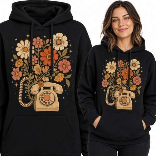 Bluza damska z kapturem z retro telefonem tarczowym i bukietem kwiatów - botaniczny nadruk