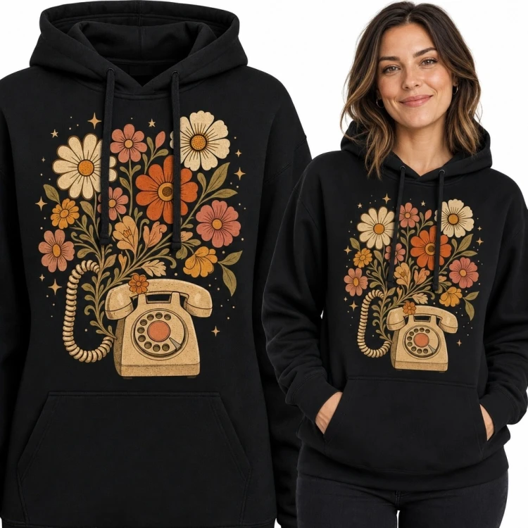 Bluza damska z kapturem z retro telefonem tarczowym i bukietem kwiatów - botaniczny nadruk