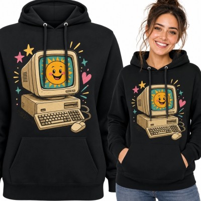 Bluza damska z kapturem - retro komputer CRT z uśmiechniętym słońcem