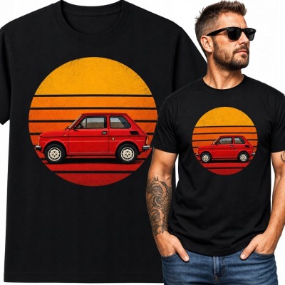 Koszulka męska z klasycznym czerwonym samochodem - retro zachód słońca