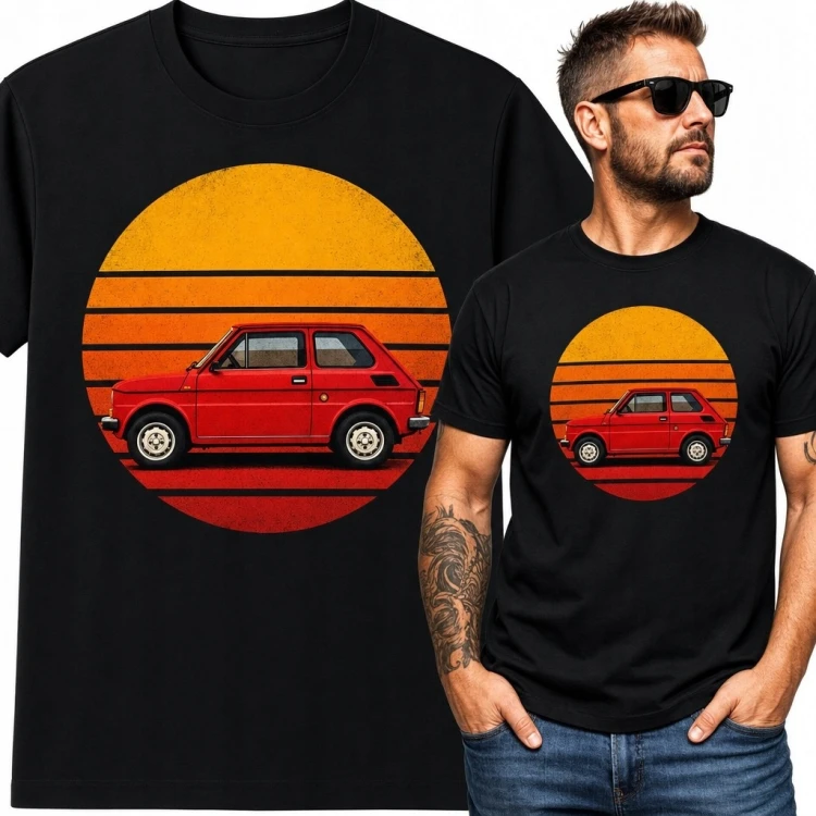Koszulka męska z klasycznym czerwonym samochodem - retro zachód słońca