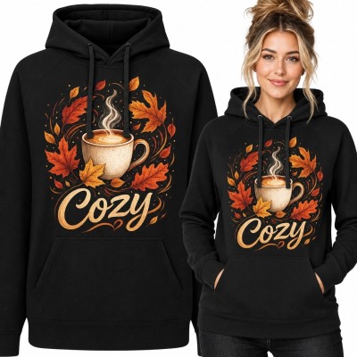 Bluza damska z kapturem z motywem parującego kubka i napisem „Cozy”