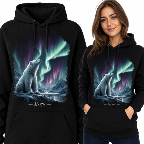 Bluza damska z kapturem - niedźwiedź polarny i zorza polarna