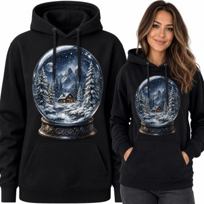 Bluza damska z kapturem - zimowa kula śnieżna z górską chatą