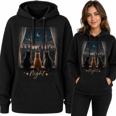 Bluza damska z kapturem z trzema kotami przy oknie - „Night”