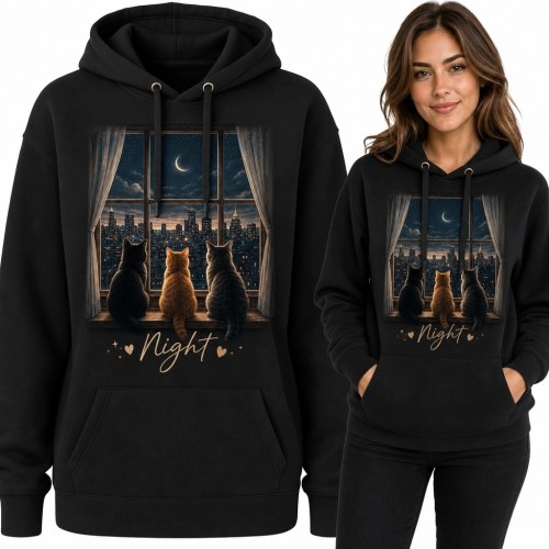 Bluza damska z kapturem z trzema kotami przy oknie - „Night”