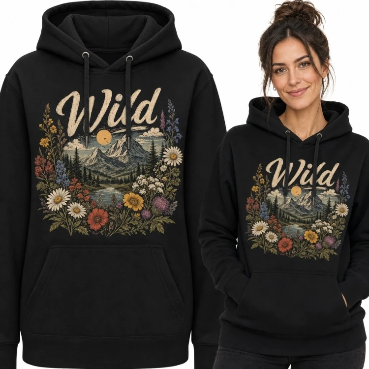 Bluza damska z kapturem „Wild” - góry, jezioro i polne kwiaty