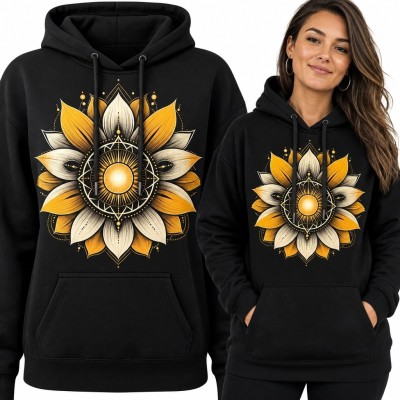 Bluza damska z kapturem - słoneczno-kwiatowa mandala boho