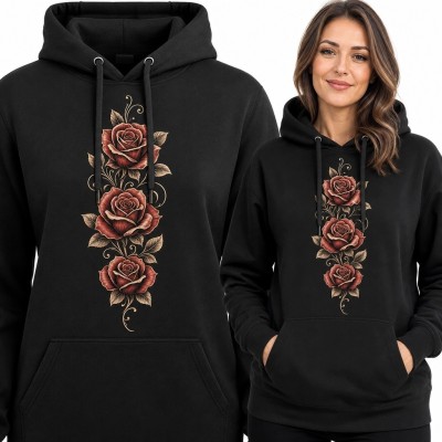 Bluza damska z kapturem z trzema bordowymi różami - ornamenty vintage