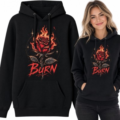 Bluza damska z kapturem z płonącą różą „Burn” - mroczny wzór