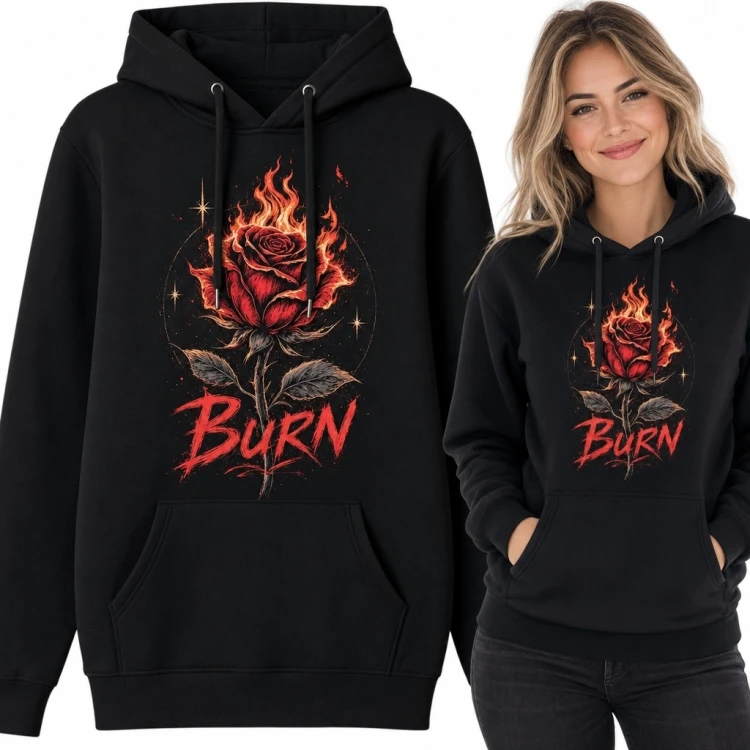 Bluza damska z kapturem z płonącą różą „Burn” - mroczny wzór