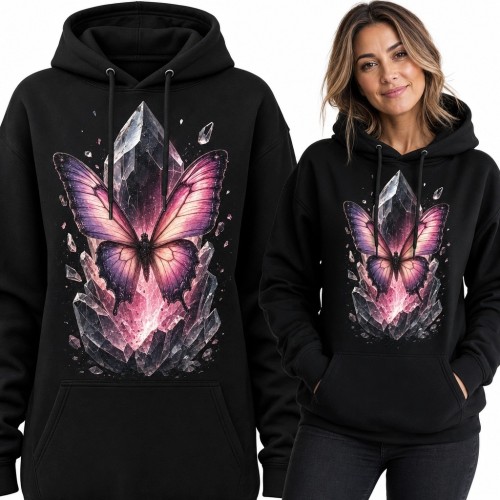 Bluza damska z kapturem - różowo-fioletowy motyl wśród kryształów