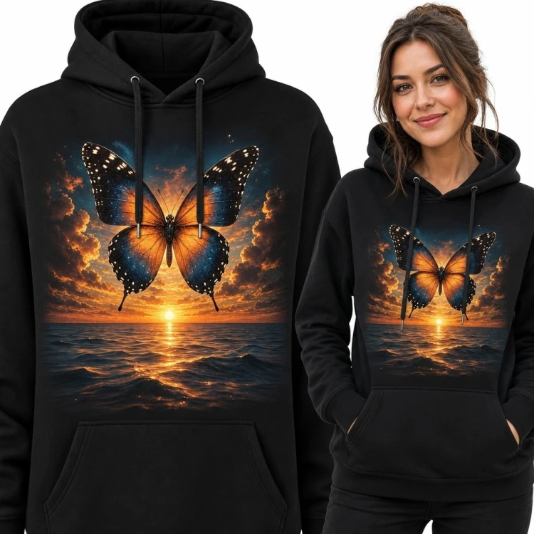 Bluza damska z kapturem - motyl nad morzem o zachodzie słońca