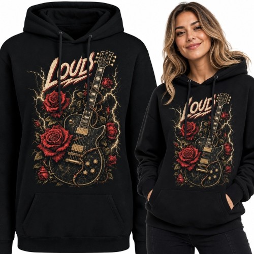 Bluza damska z kapturem z gitarą elektryczną i napisem „Soul” - róże i błyskawice