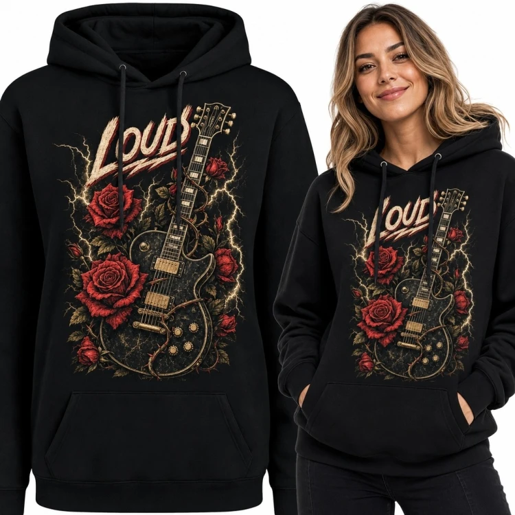 Bluza damska z kapturem z gitarą elektryczną i napisem „Soul” - róże i błyskawice