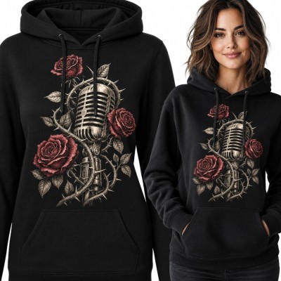 Bluza damska z kapturem z retro mikrofonem i bordowymi różami - rockowy motyw