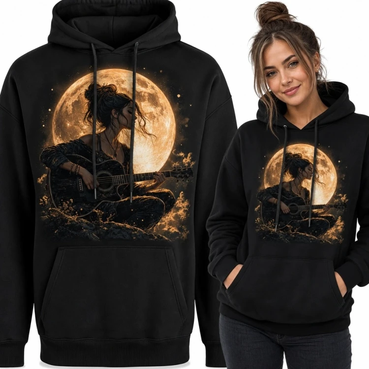 Bluza damska z kapturem - gitarzystka przed złotą pełnią księżyca