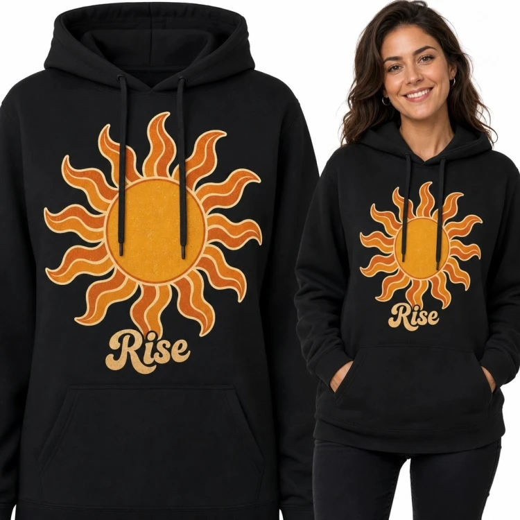 Bluza damska z kapturem z pomarańczowym słońcem i napisem „Rise” - styl retro