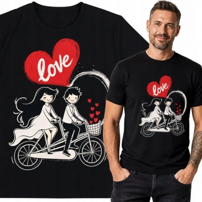 Koszulka męska z parą na tandemie i sercem „Love” - romantyczny nadruk