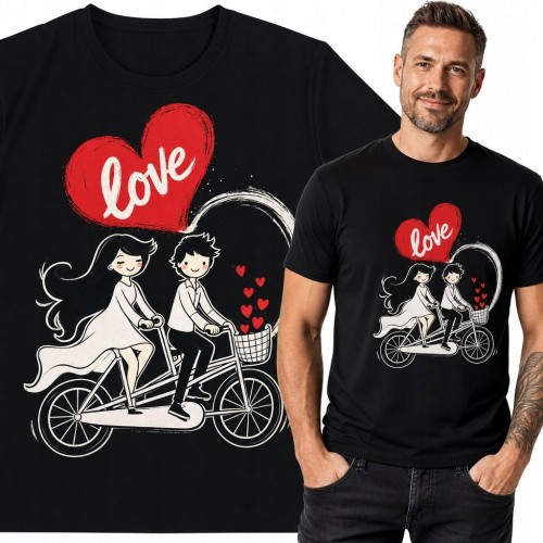 Koszulka męska z parą na tandemie i sercem „Love” - romantyczny nadruk