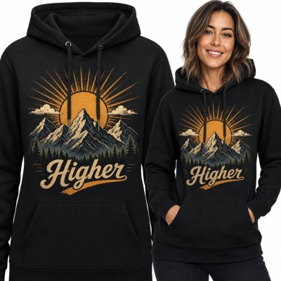 Bluza damska z kapturem z panoramą gór i napisem „Higher”
