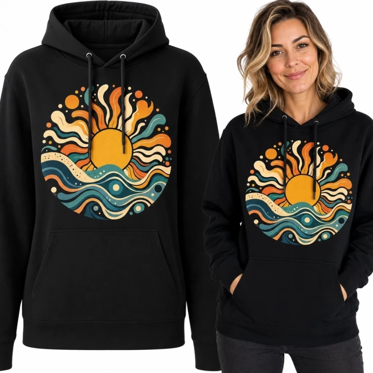Bluza damska z kapturem - retro słońce nad morskimi falami