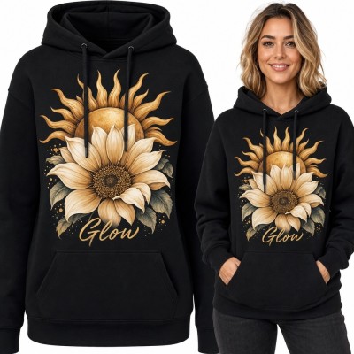 Bluza damska z kapturem ze słonecznikiem i napisem „Glow” - styl boho