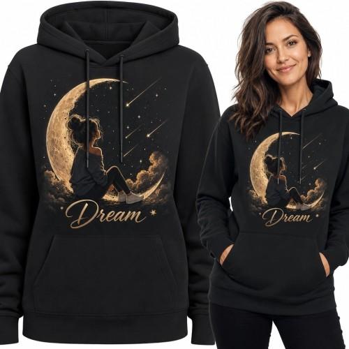 Bluza damska z kapturem z kobietą na księżycu i napisem „Dream” - romantyczny motyw nocnego nieba
