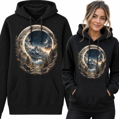Bluza damska z kapturem - nocne góry w świetlistym półksiężycu