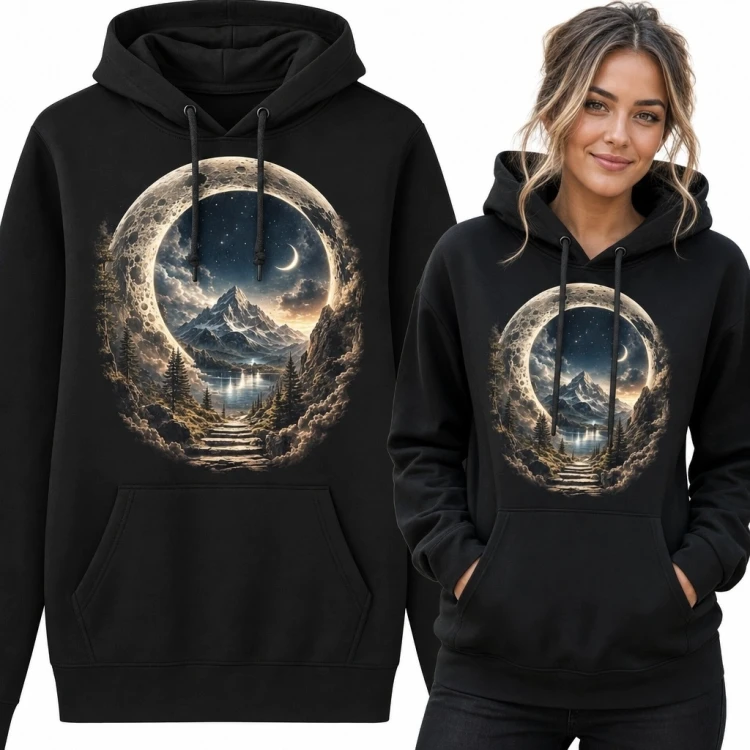 Bluza damska z kapturem - nocne góry w świetlistym półksiężycu