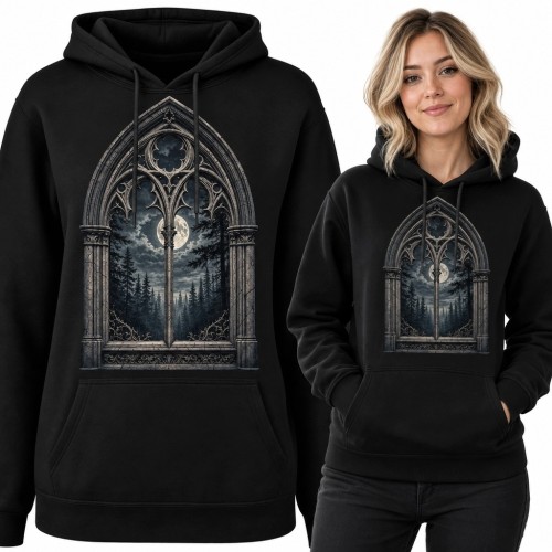 Bluza damska z kapturem - gotyckie okno z księżycem i nocnym lasem
