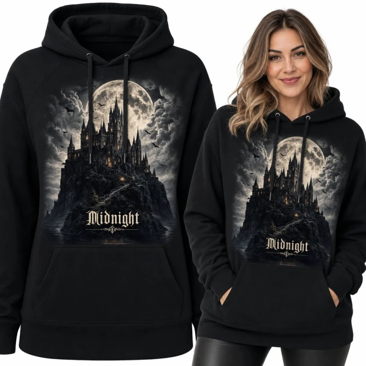 Bluza damska z kapturem „Midnight” - gotycki zamek i pełnia księżyca