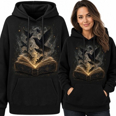 Bluza damska z kapturem - magiczna księga, czarne ptaki i księżyc