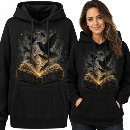 Bluza damska z kapturem - magiczna księga, czarne ptaki i księżyc
